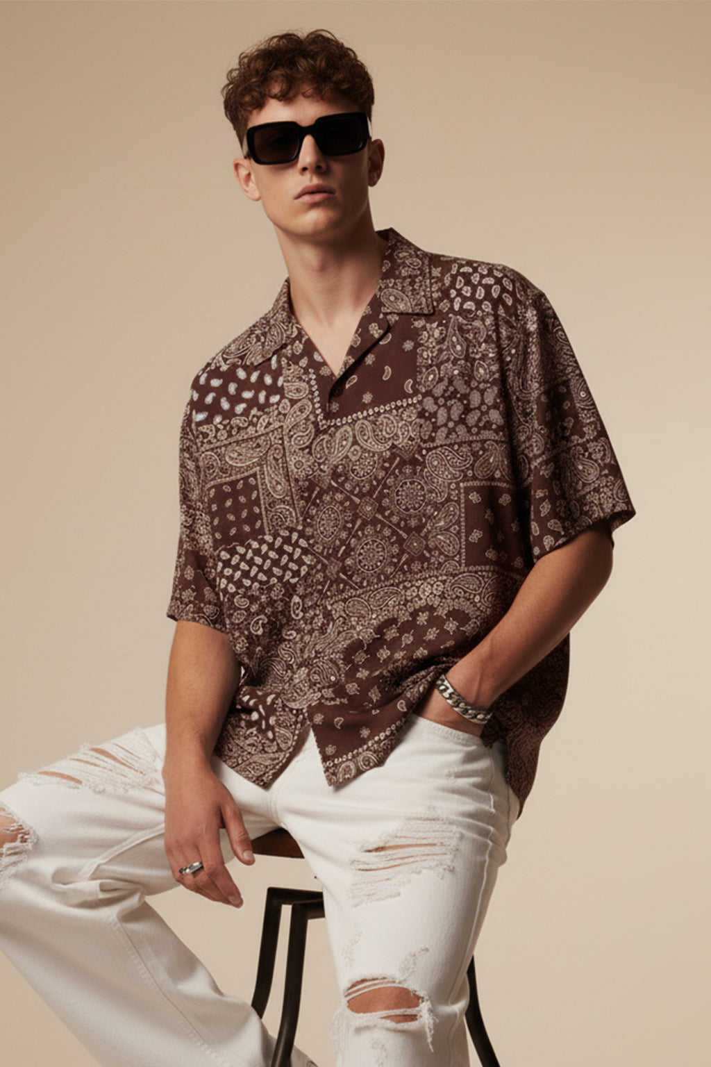 Monochrome Mosaic Brown All Over Print Oversized Exclusive Shirt