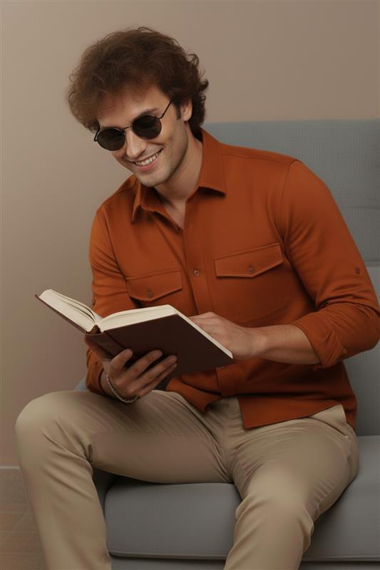 Rust Plain Relaxed Fit Full Sleeve Dual Pocket Utility Exclusive Shirt