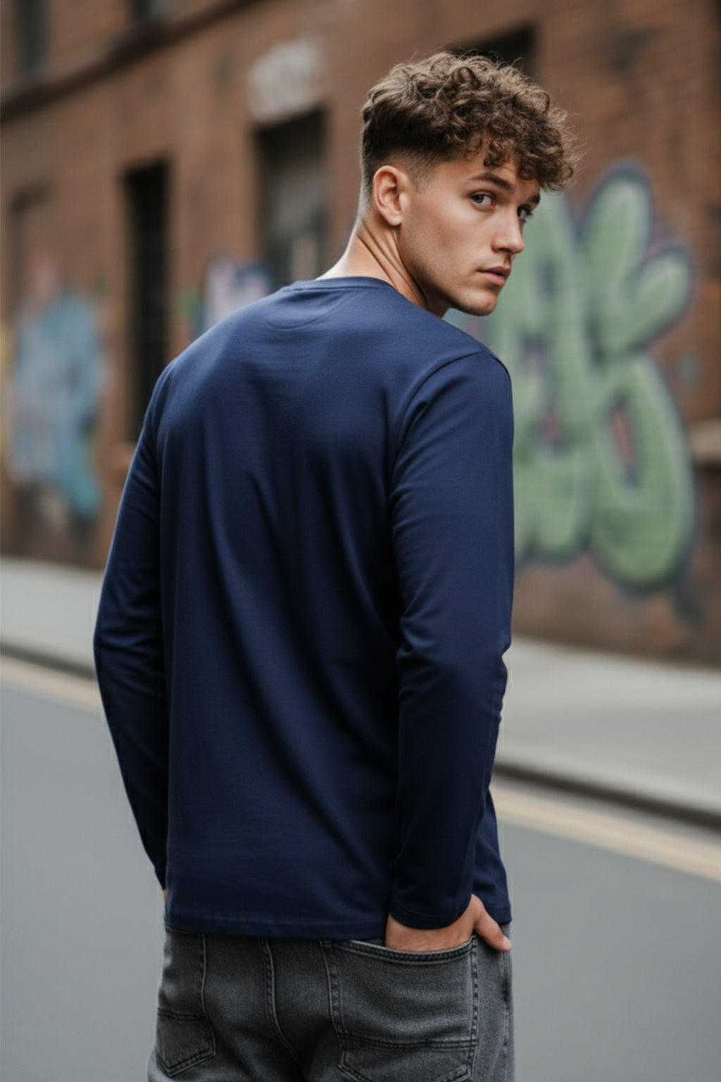 Navy Blue Plain Full Sleeves Regular Fit T-shirt