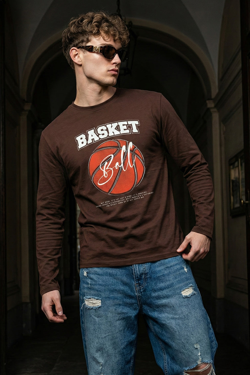 Basket Ball Brown Full Sleeves Regular Fit Printed T-shirt
