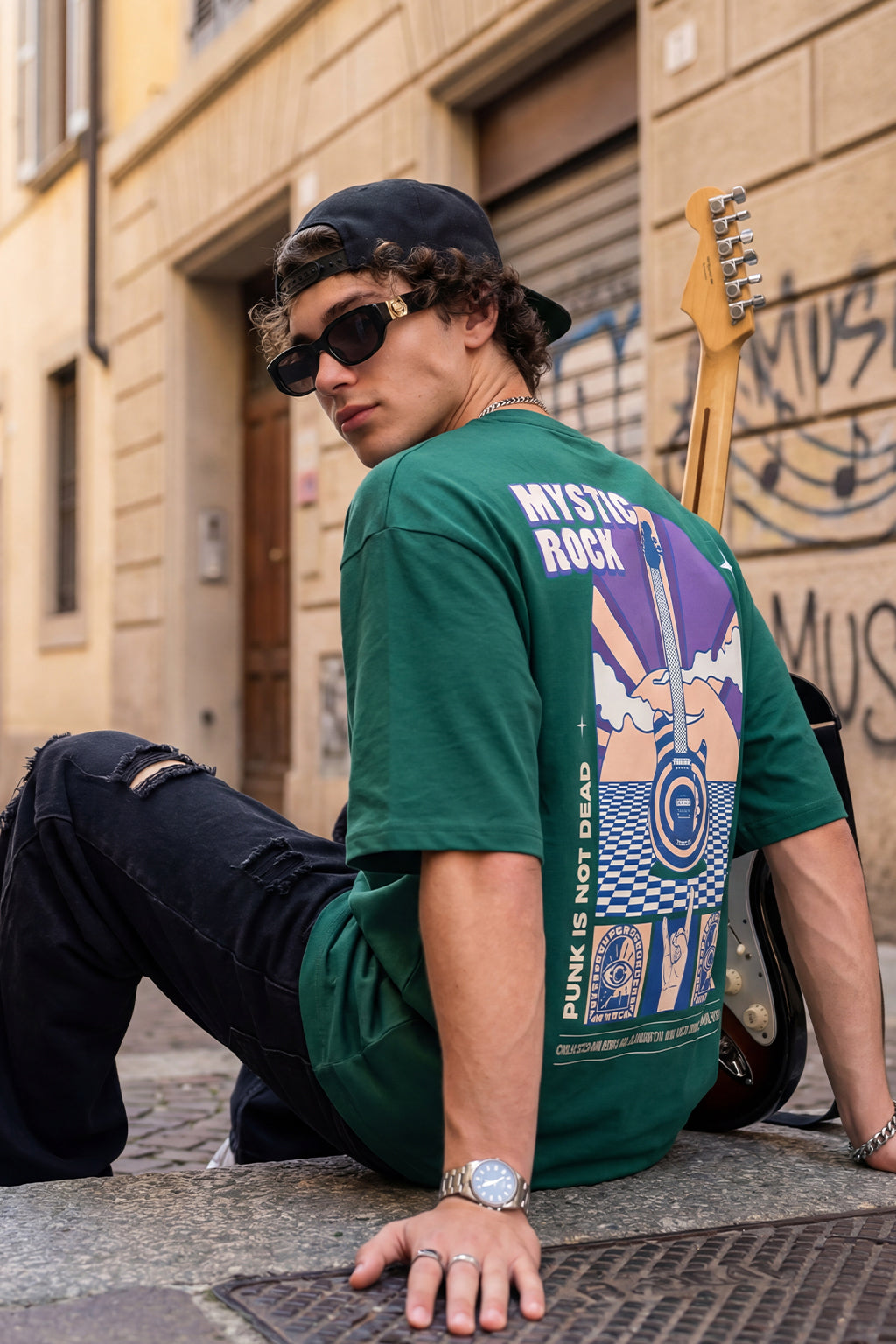 MYSTIC ROCK Green Oversized Back Graphic Printed T-shirt