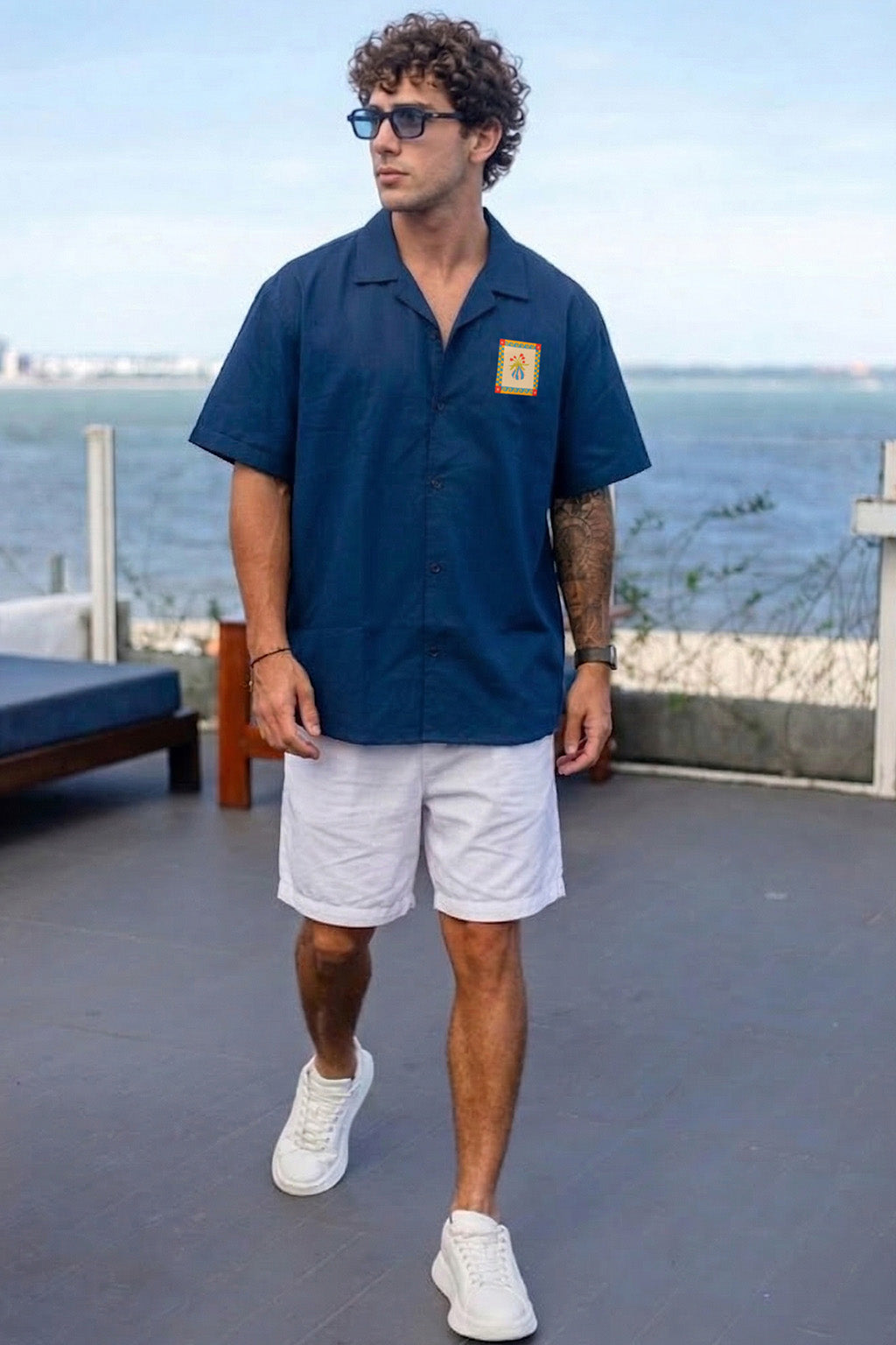 Flowerpot Navy Oversized Sticker Printed Exclusive Shirt