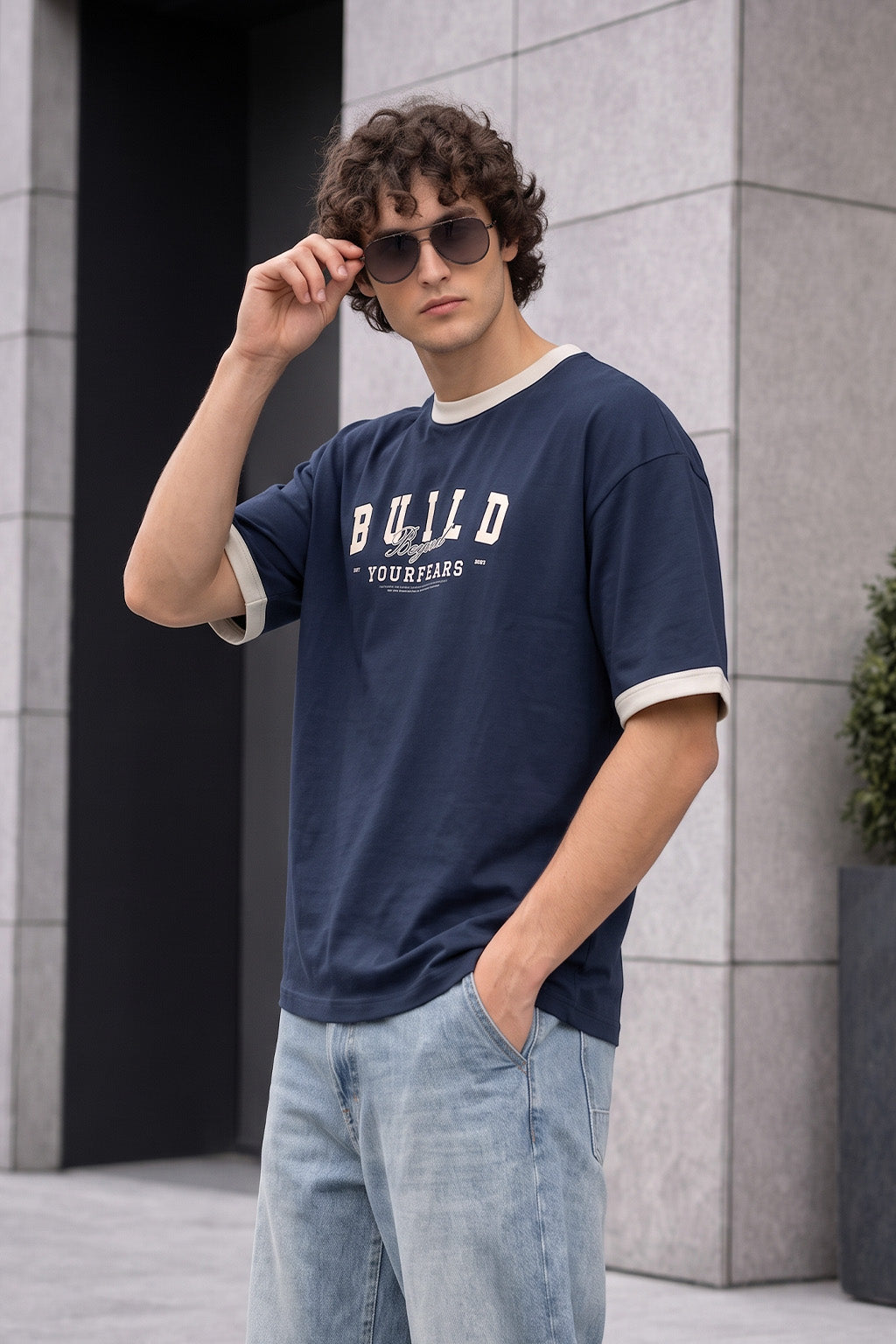 Build Navy Oversized Printed T-shirt