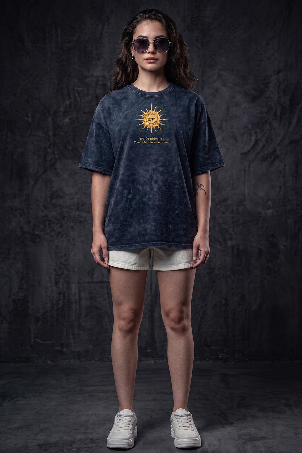 कर्म Navy Acid Washed Printed Exclusive T-shirt Epic Collection For Women