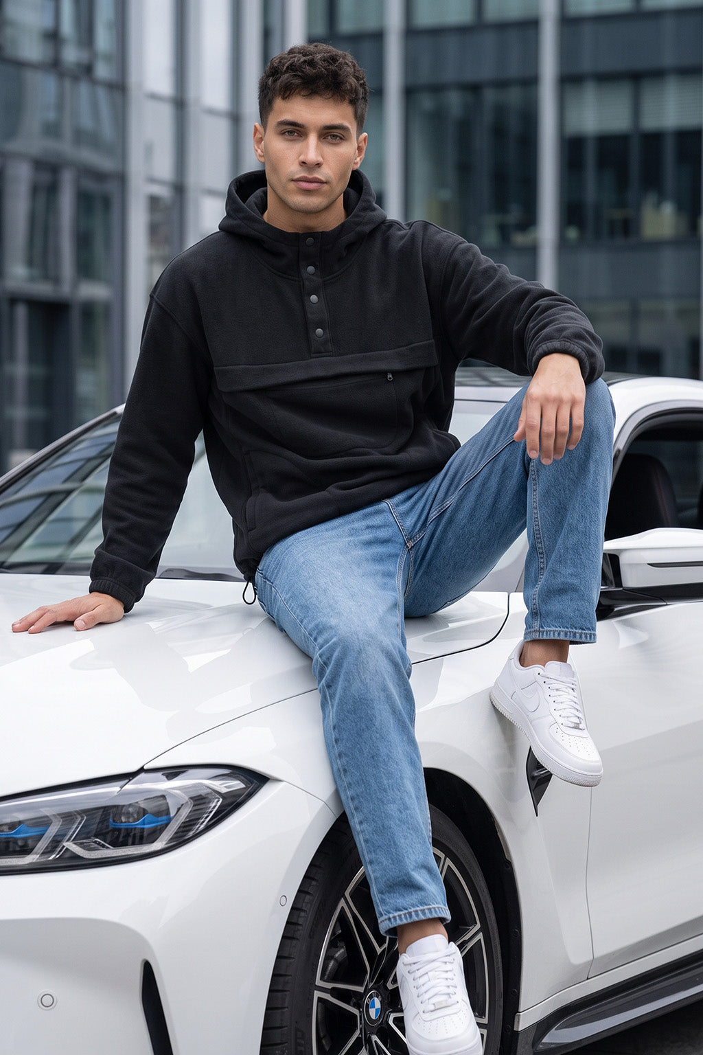 Veirdo Black Oversized Plain Button-Neck Pullover Hoodie