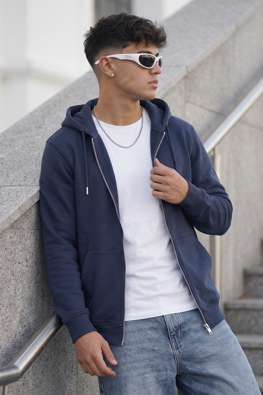 Navy Blue Ribbed Cuff Regular Fit Zip-Up Hoodie