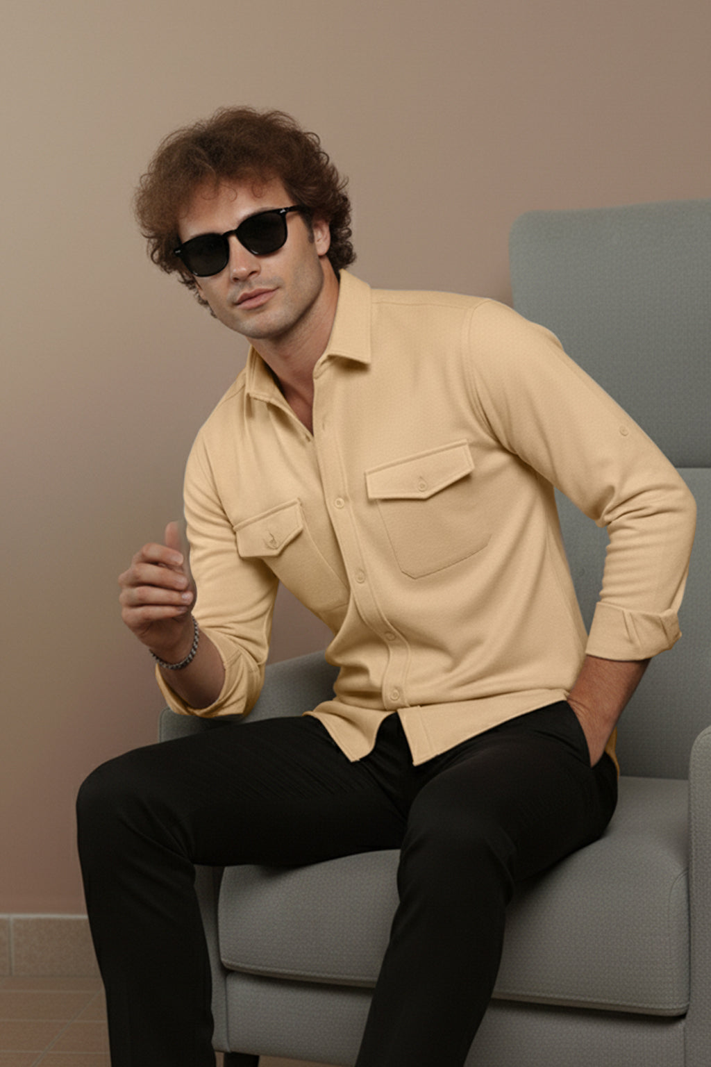 Beige Plain Relaxed Fit Full Sleeve Dual Pocket Utility Exclusive Shirt