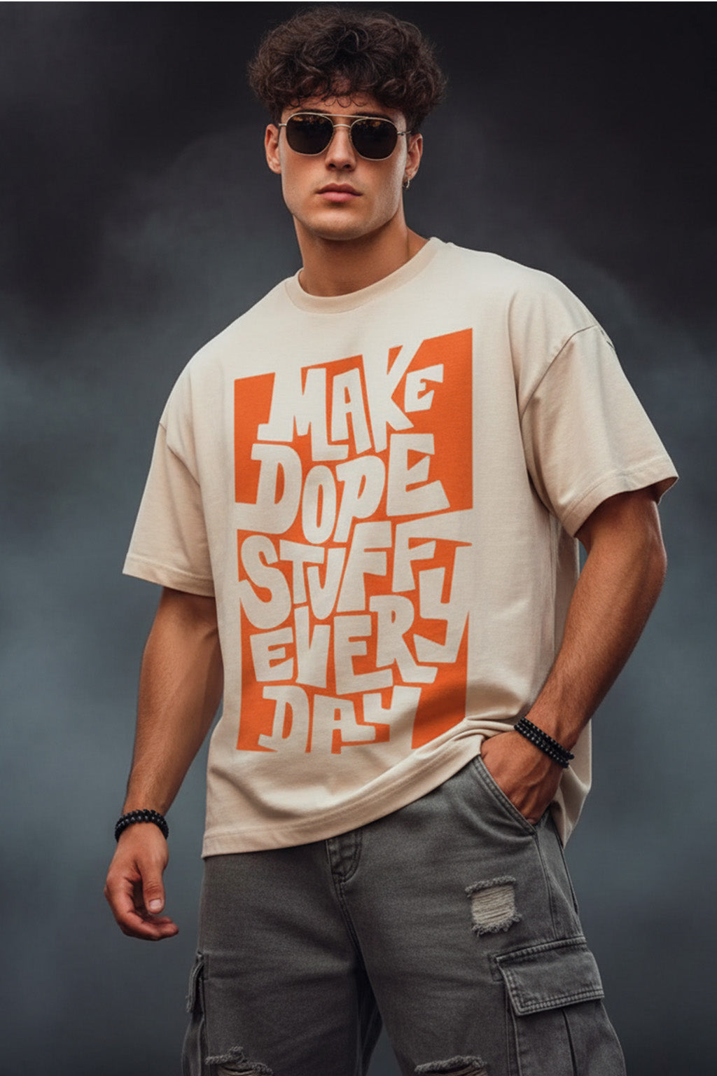 Dope Stuff Beige Oversized Front Graphic Printed T-shirt