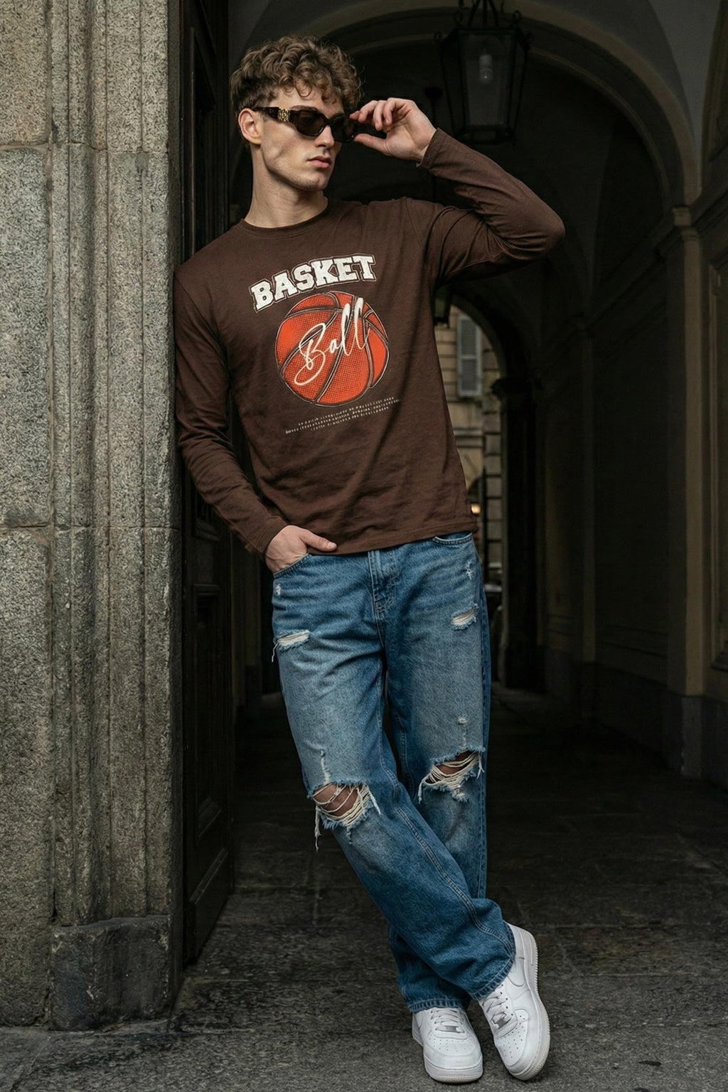 Basket Ball Brown Full Sleeves Regular Fit Printed T-shirt