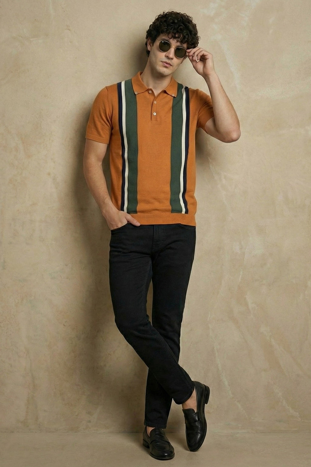 Rust Yelllow Stripped Flatknit Textured Regular Fit Exclusive Polo T-Shirt