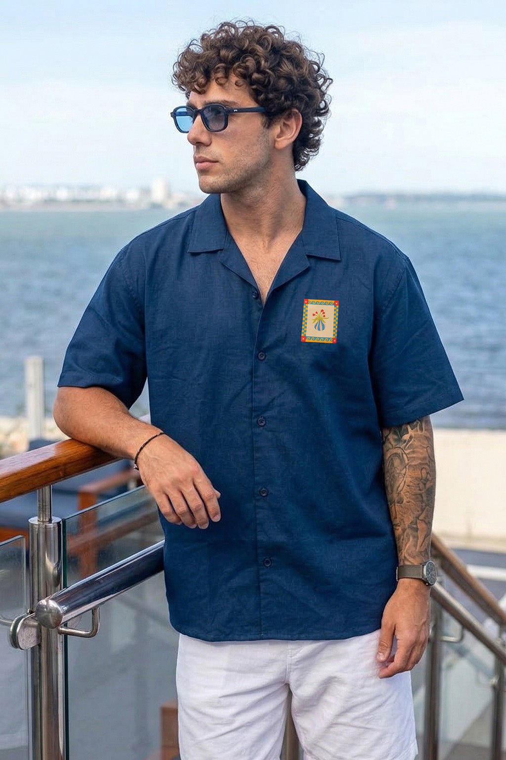 Flowerpot Navy Oversized Sticker Printed Exclusive Shirt