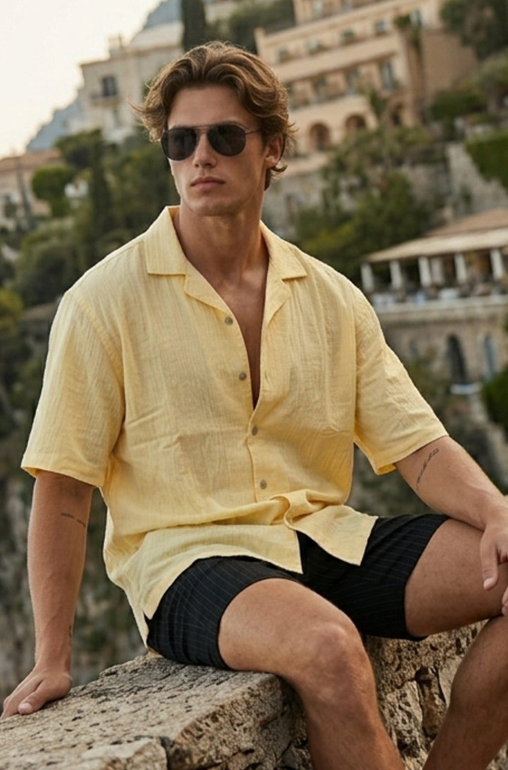 Feather Feel Yellow Oversized Plain Double Layer Exclusive Cotton Shirt