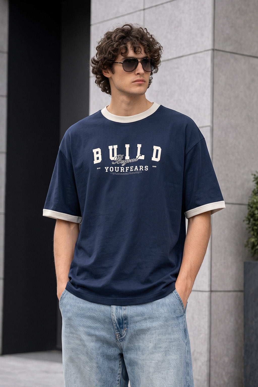 Build Navy Oversized Printed T-shirt