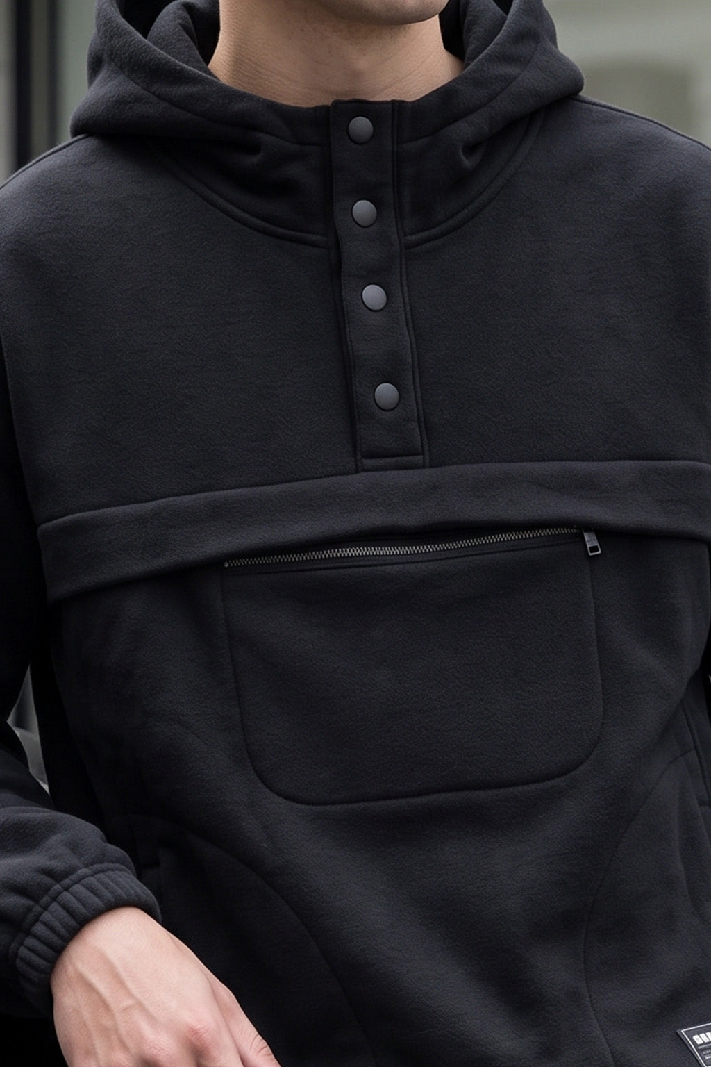 Veirdo Black Oversized Plain Button-Neck Pullover Hoodie
