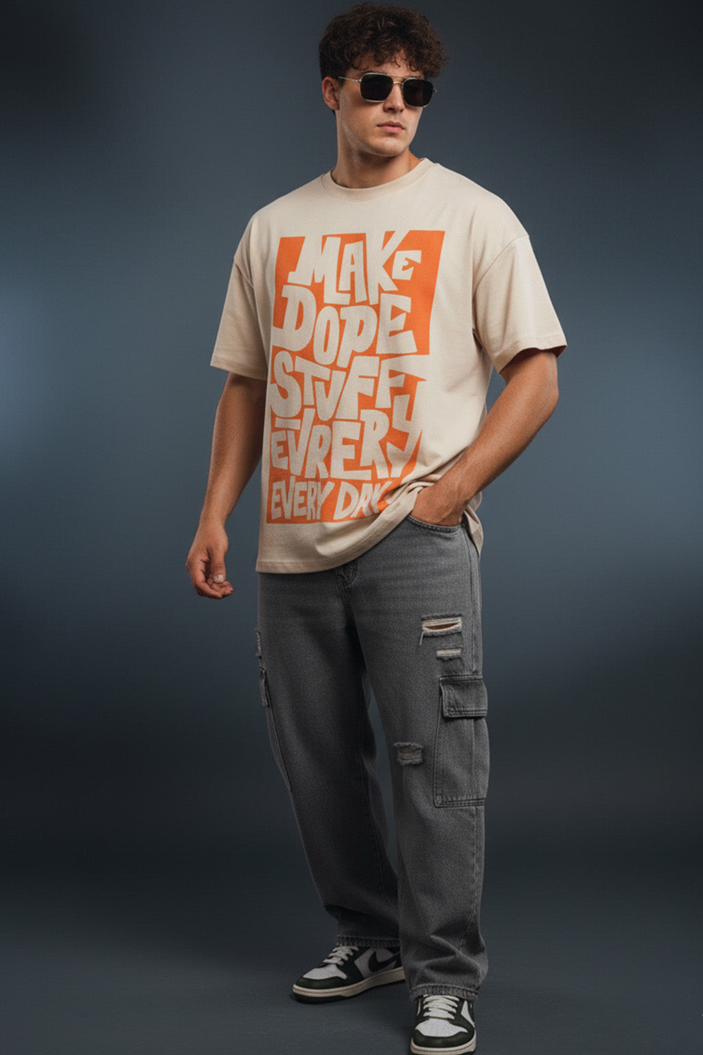 Dope Stuff Beige Oversized Front Graphic Printed T-shirt