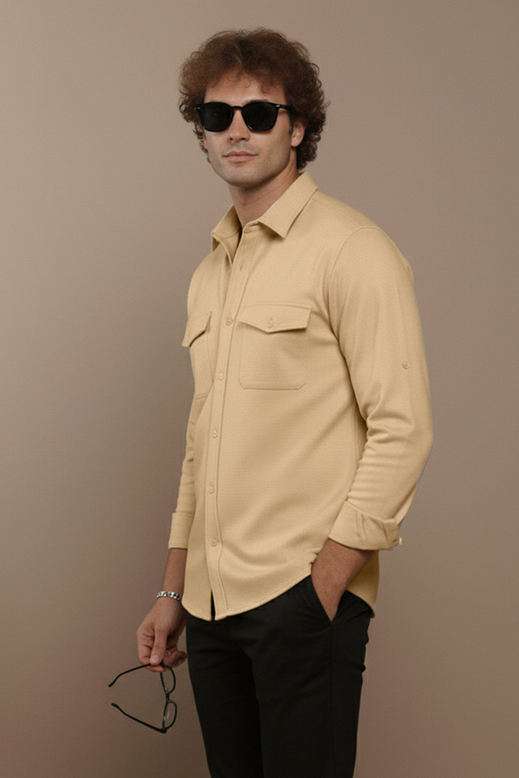 Beige Plain Relaxed Fit Full Sleeve Dual Pocket Utility Exclusive Shirt