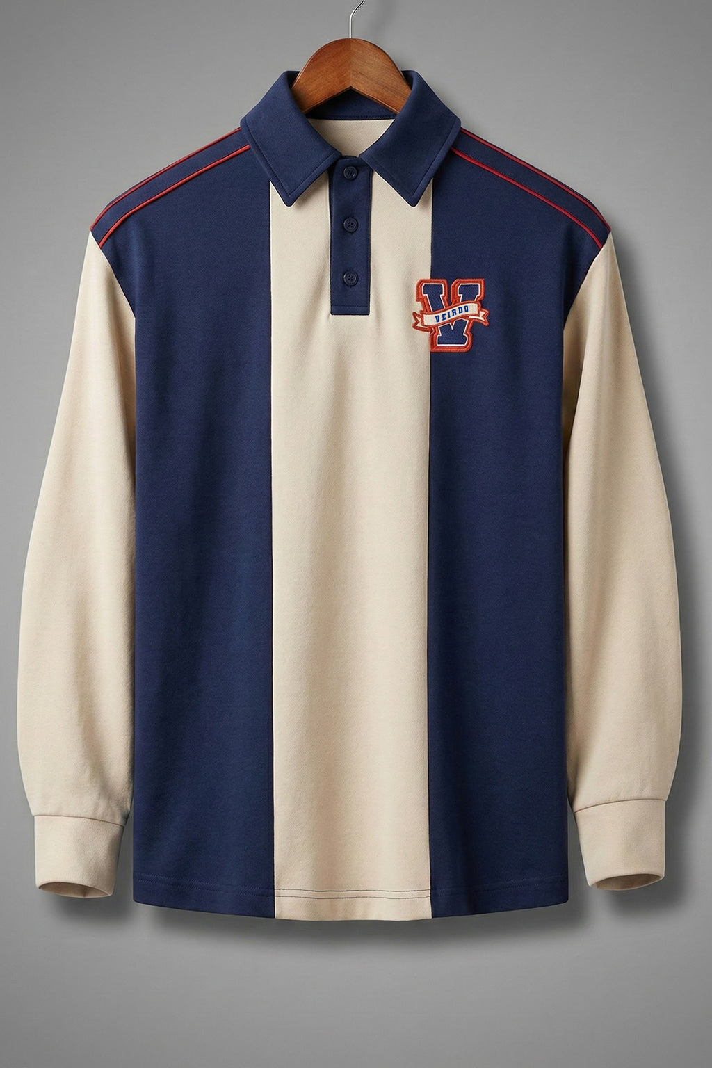 Veirdo Beige & Navy Oversized Full Sleeve Exclusive Polo T-shirt