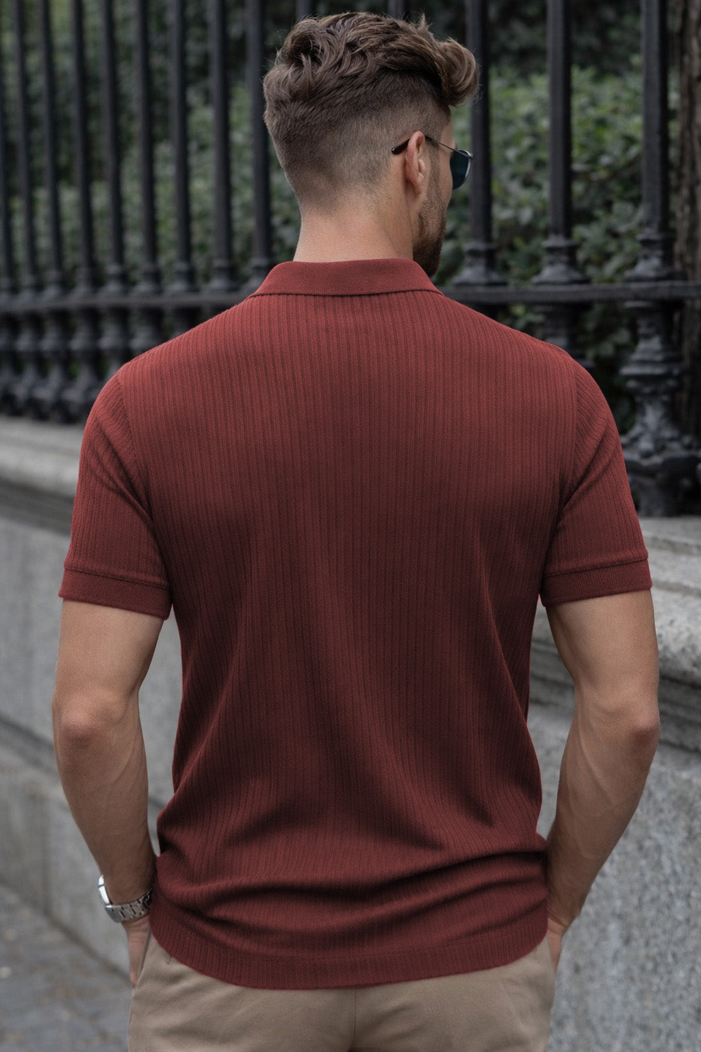 Dark Peach Ribknit Ribbed Plain Regular Fit Polo T-shirt