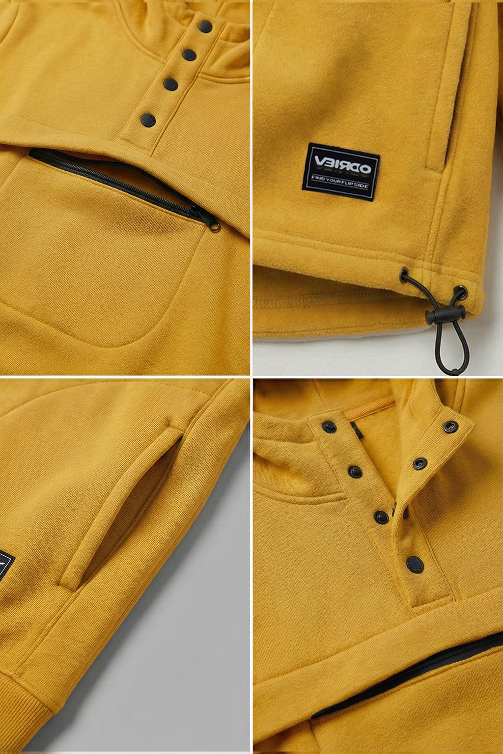 Veirdo Mustard Oversized Plain Button-Neck Pullover Hoodie