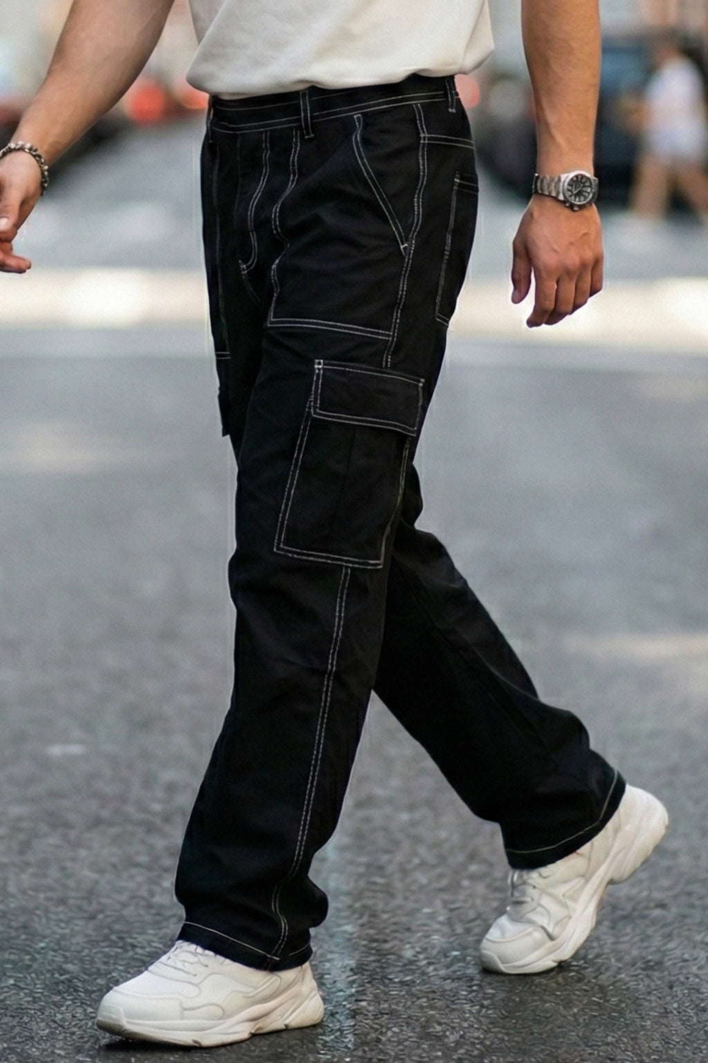 Black Pure Woven Straight Fit 5 Pocket Cargo