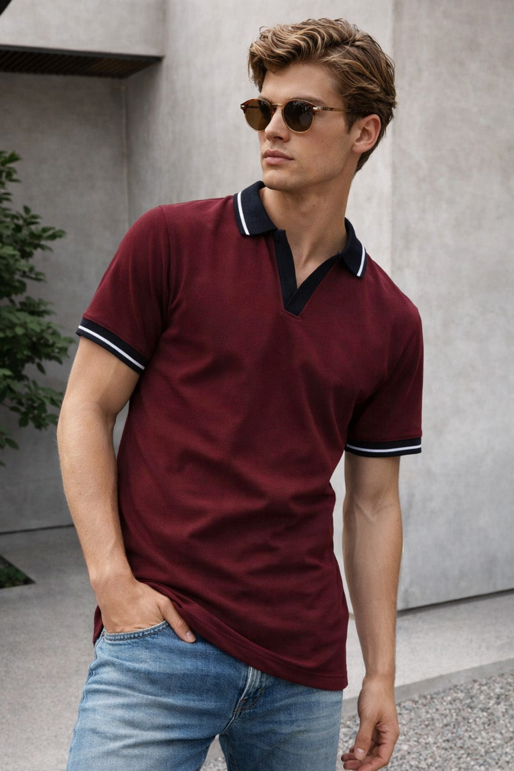 Maroon Contrast Stripped Collar Economic Regular Fit Pique Polo