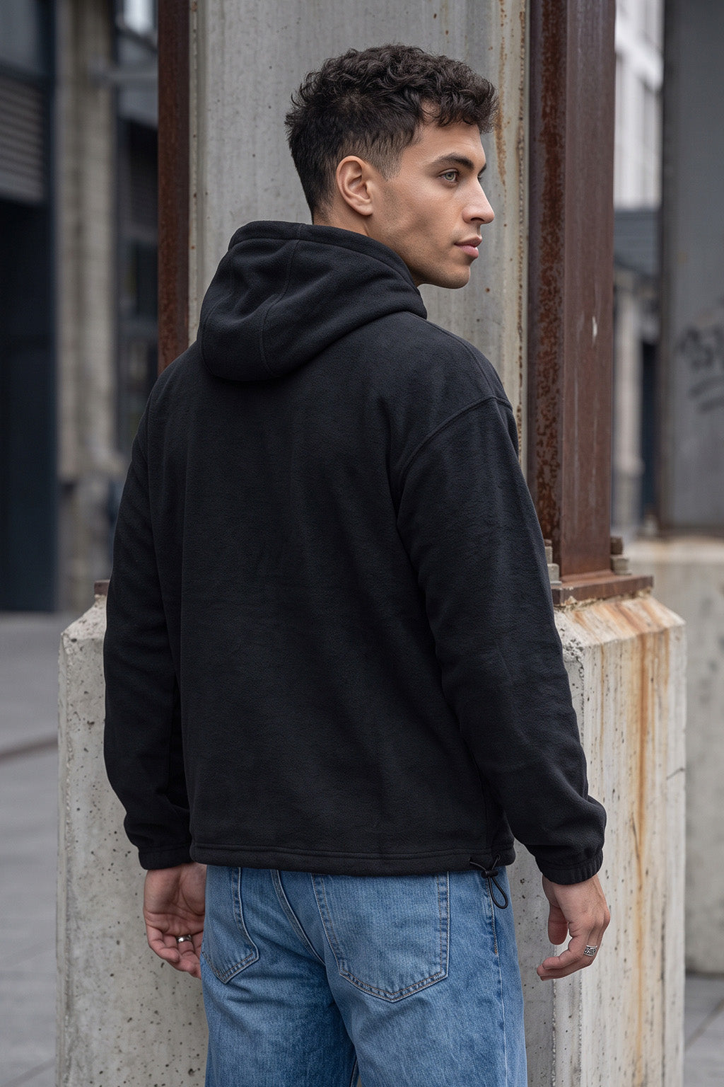 Veirdo Black Oversized Plain Button-Neck Pullover Hoodie