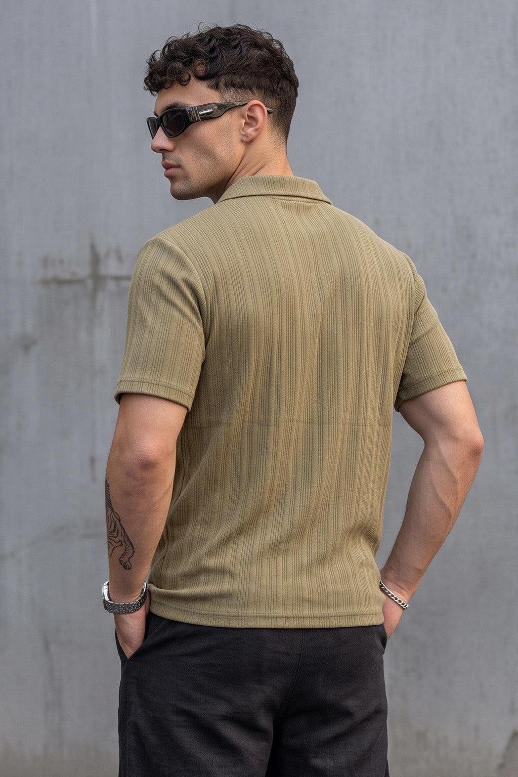 Olive Cross Lining Jacquard Regular Fit Button Polo