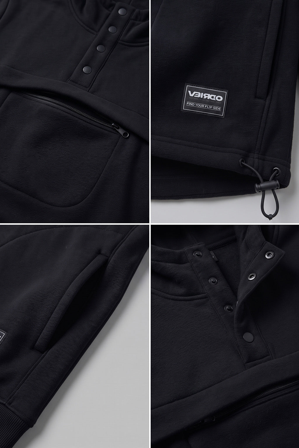 Veirdo Black Oversized Plain Button-Neck Pullover Hoodie