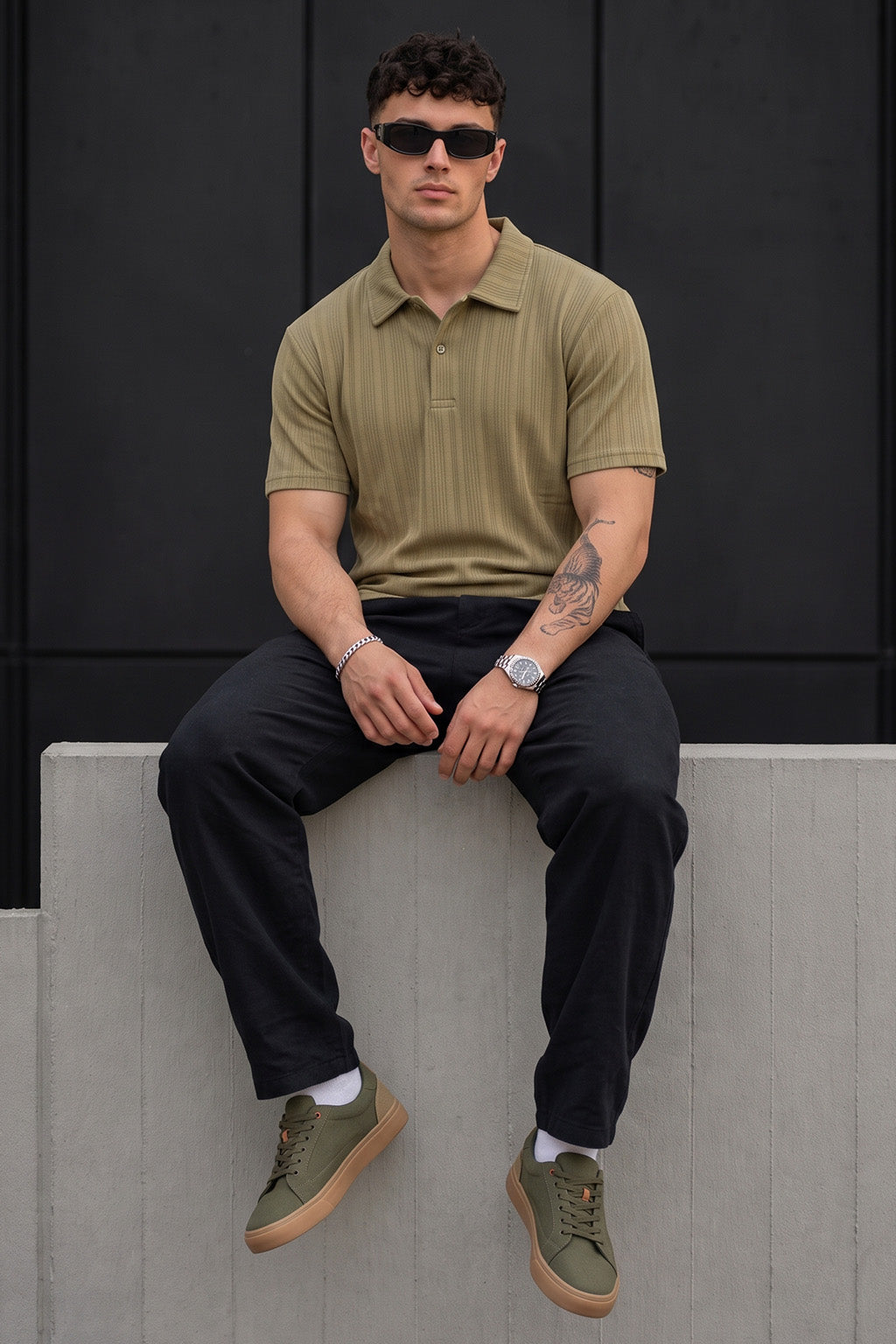 Olive Cross Lining Jacquard Regular Fit Button Polo