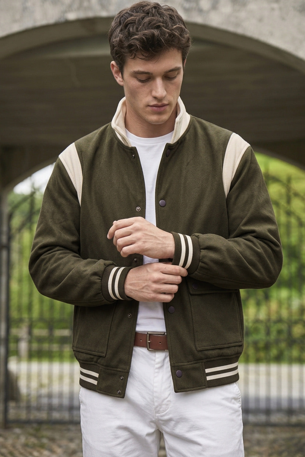 Olive Green Varsity Bomber Suede Exclusive Jacket With Inner Pocket