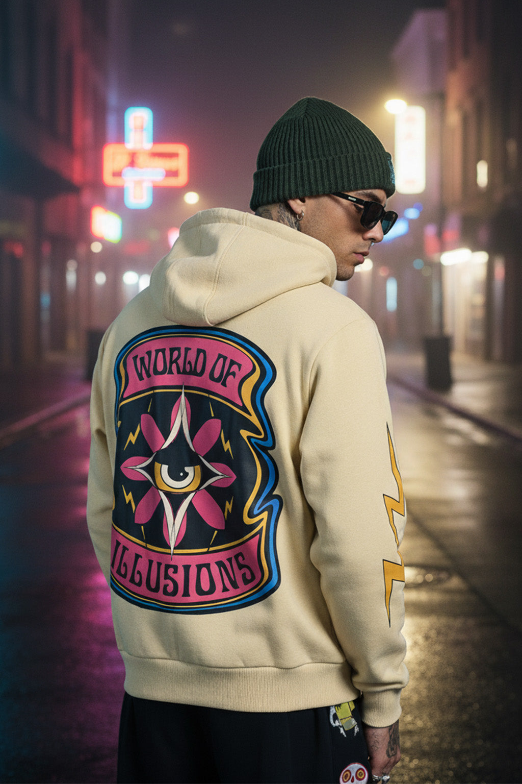 Beige Fantasy: Stylish Men's Illusions Regular Fit Hoodie