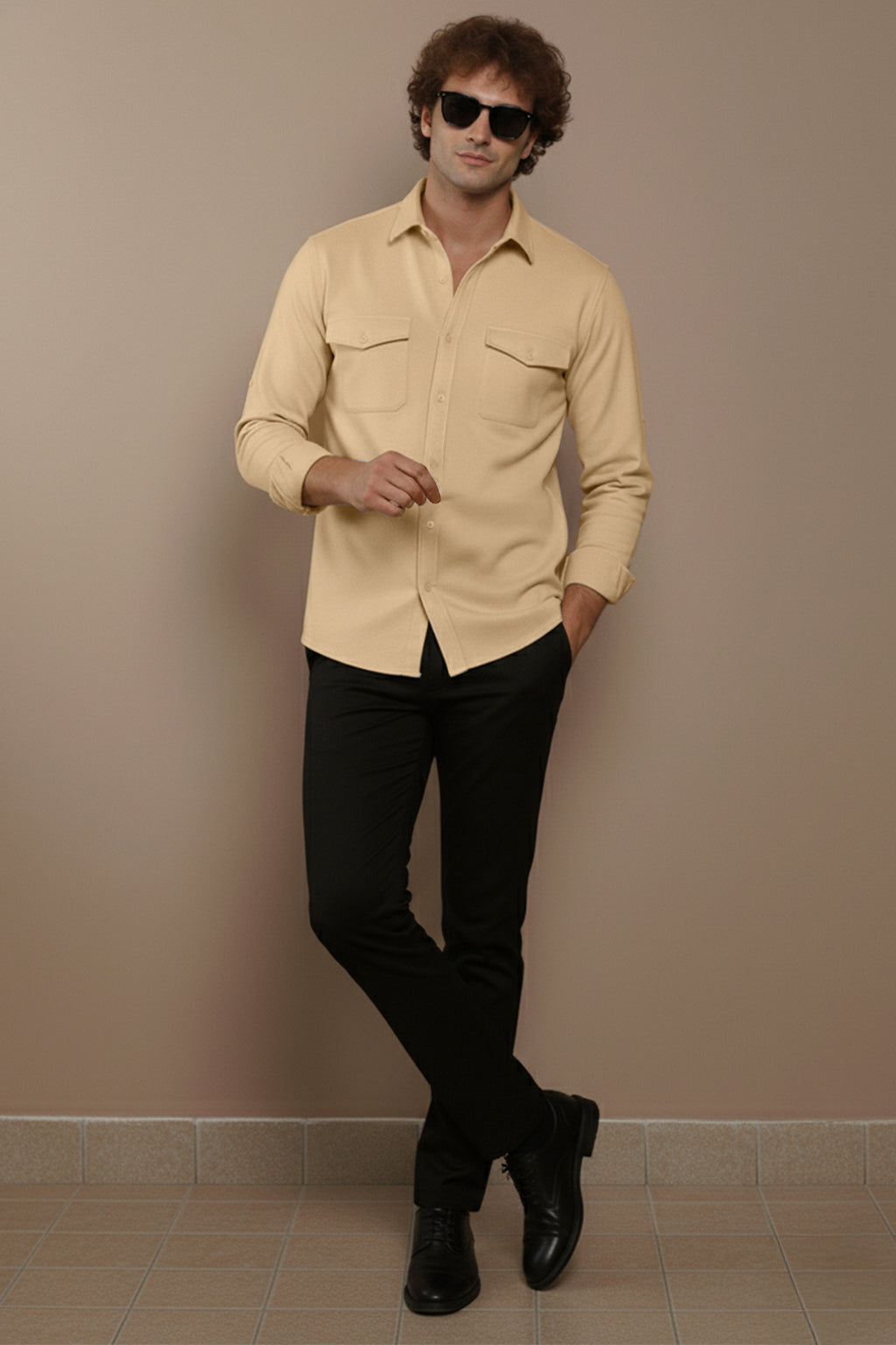 Beige Plain Relaxed Fit Full Sleeve Dual Pocket Utility Exclusive Shirt