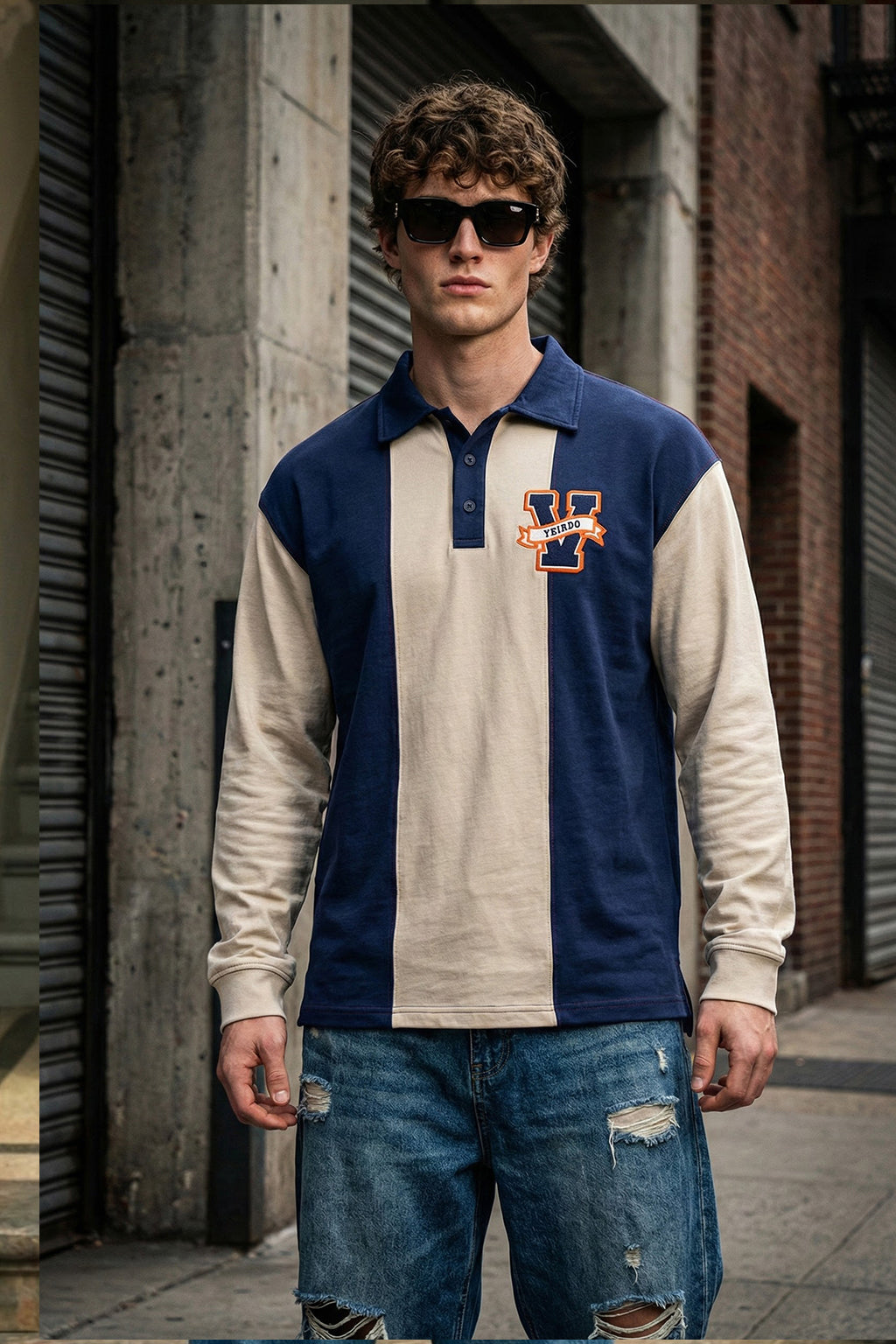Veirdo Beige & Navy Oversized Full Sleeve Exclusive Polo T-shirt
