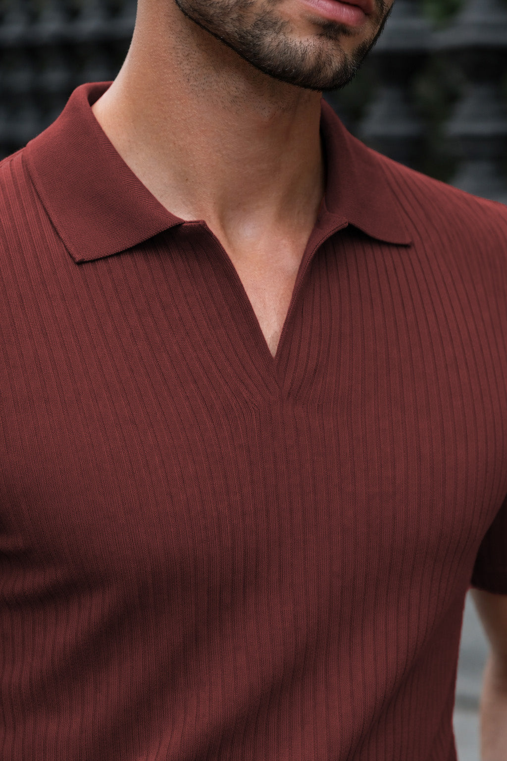 Dark Peach Ribknit Ribbed Plain Regular Fit Polo T-shirt