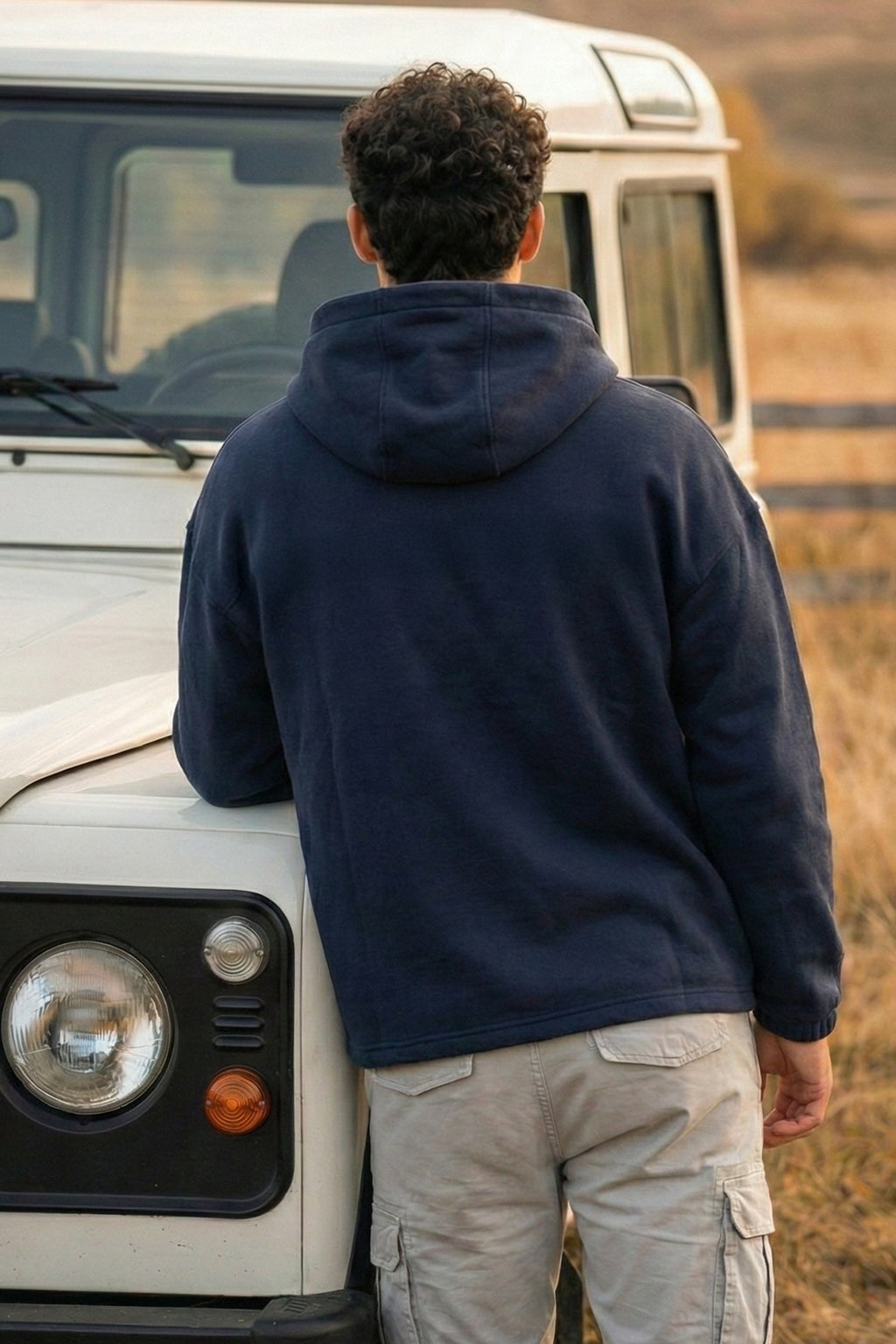 Veirdo Navy Oversized Plain Button-Neck Pullover Hoodie