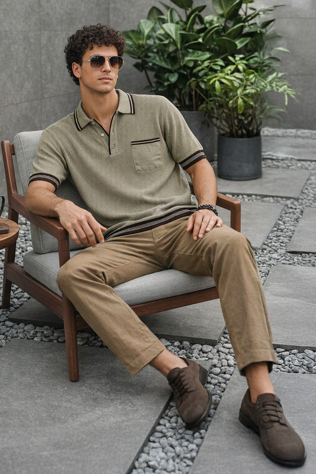 Cappuccino Contrast Beige Flatknit Textured Regular Fit Exclusive Polo T-Shirt