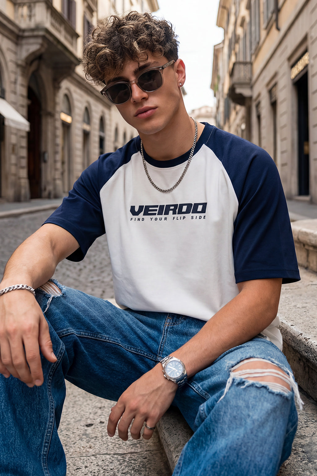 Grey-Navy Raglan Oversized Typography Printed T-shirt