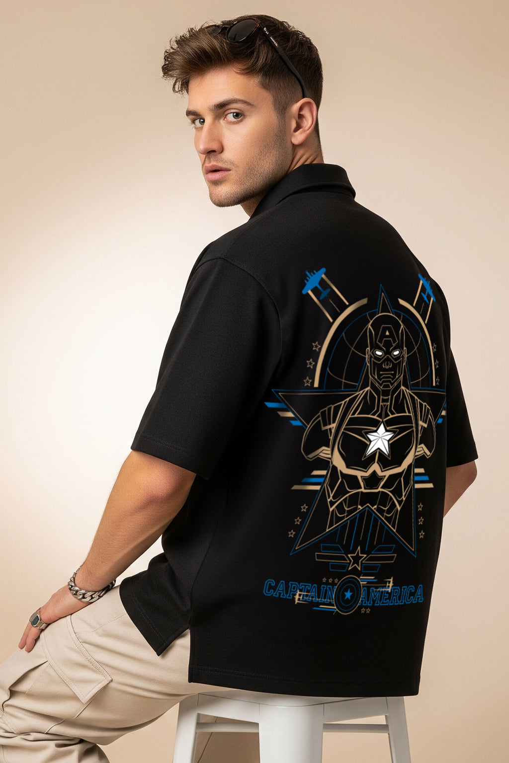 Captain America Black Oversized Printed Exclusive Shirt
