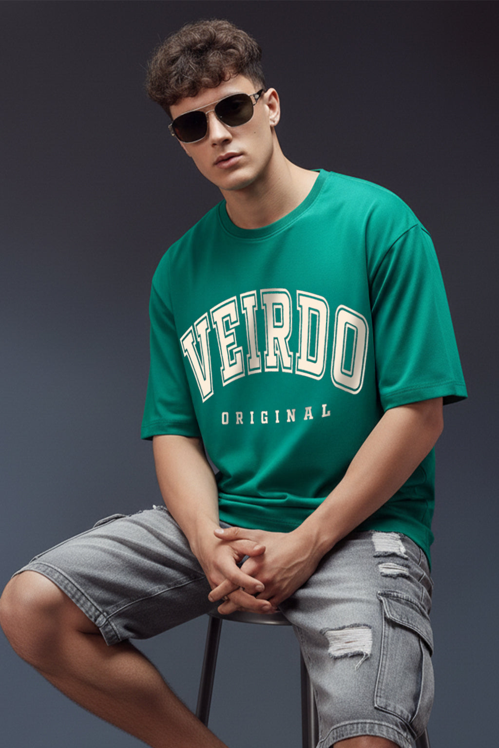 Veirdo Original Green Oversized Typography Brand Printed  T-shirt