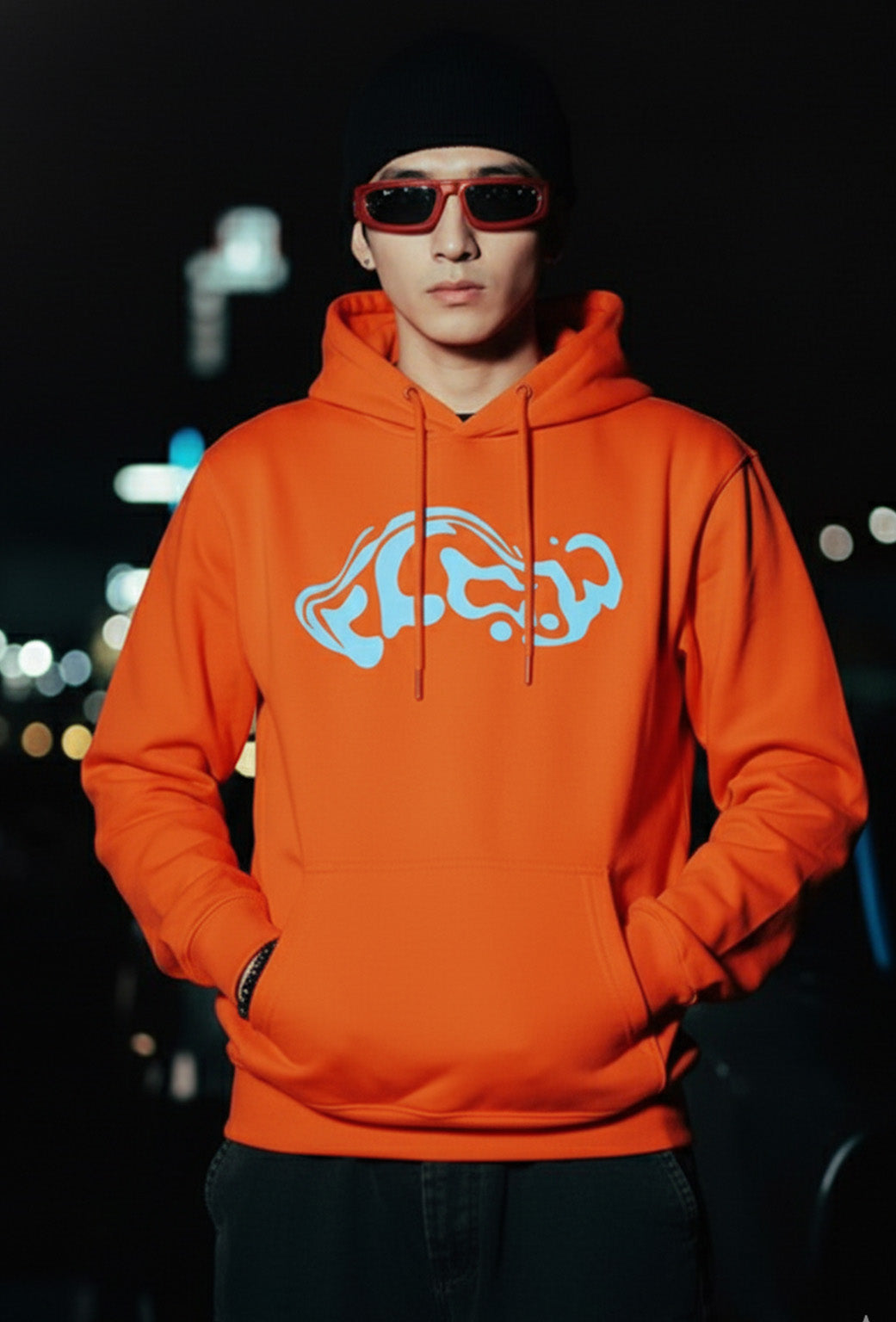 Flow Orange Oversized Printed Hoodie