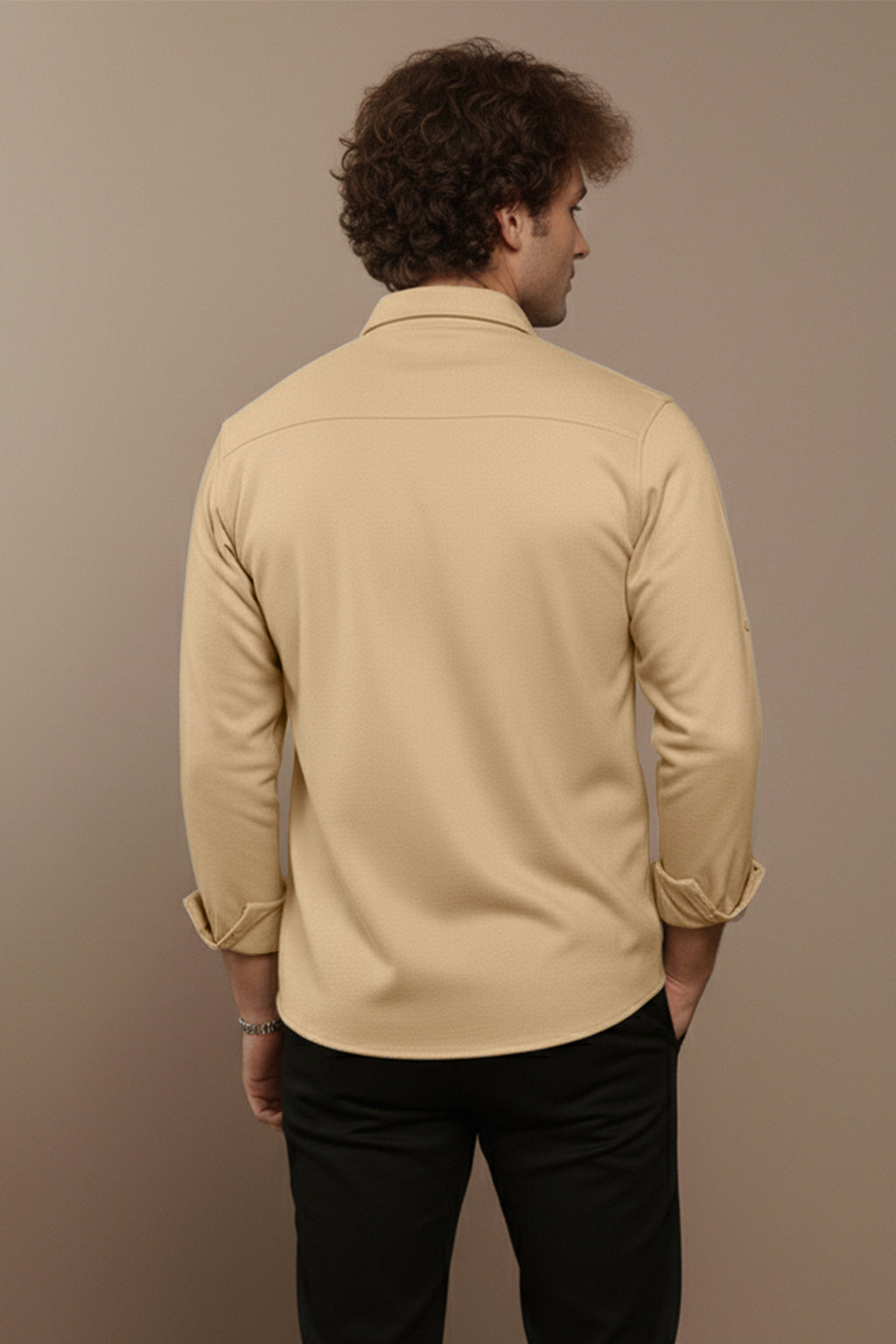 Beige Plain Relaxed Fit Full Sleeve Dual Pocket Utility Exclusive Shirt