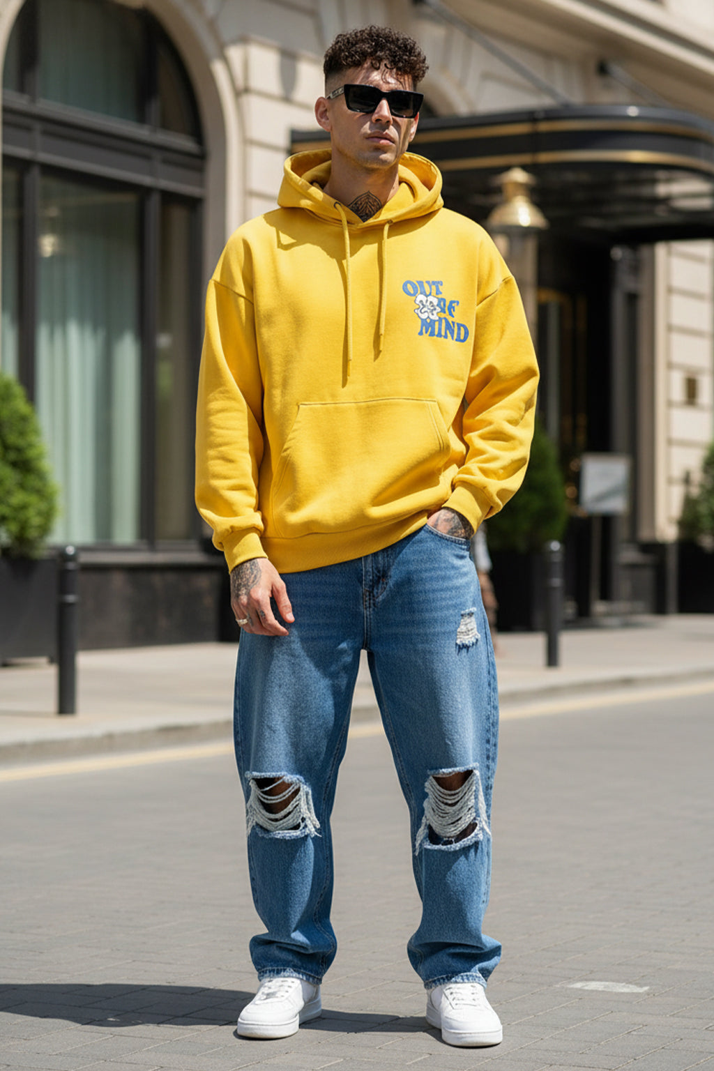 Out of Mind Mustard Oversized Pocket Typographic Printed  Hoodie