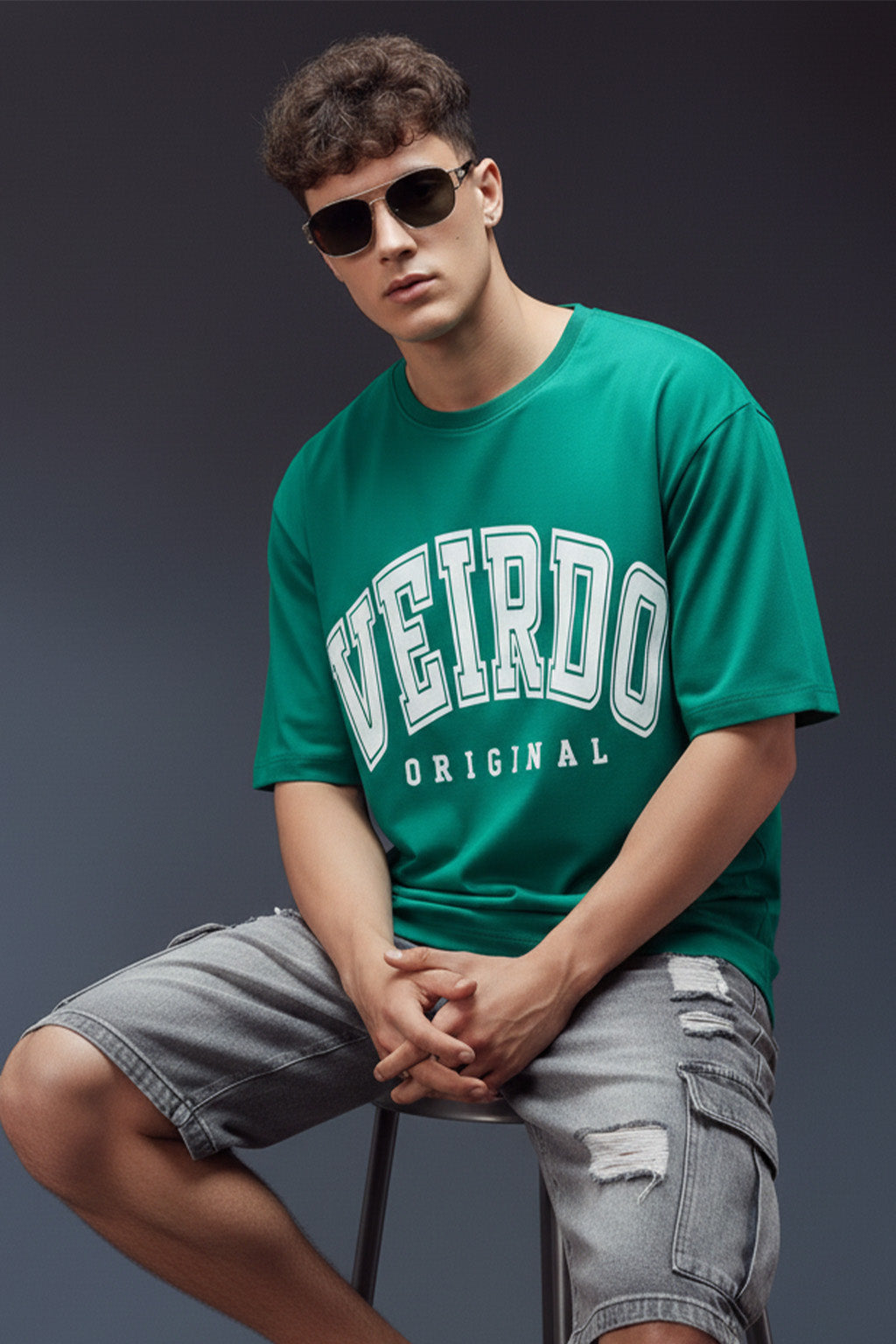 Veirdo Original Green Oversized Typography Brand Printed  T-shirt