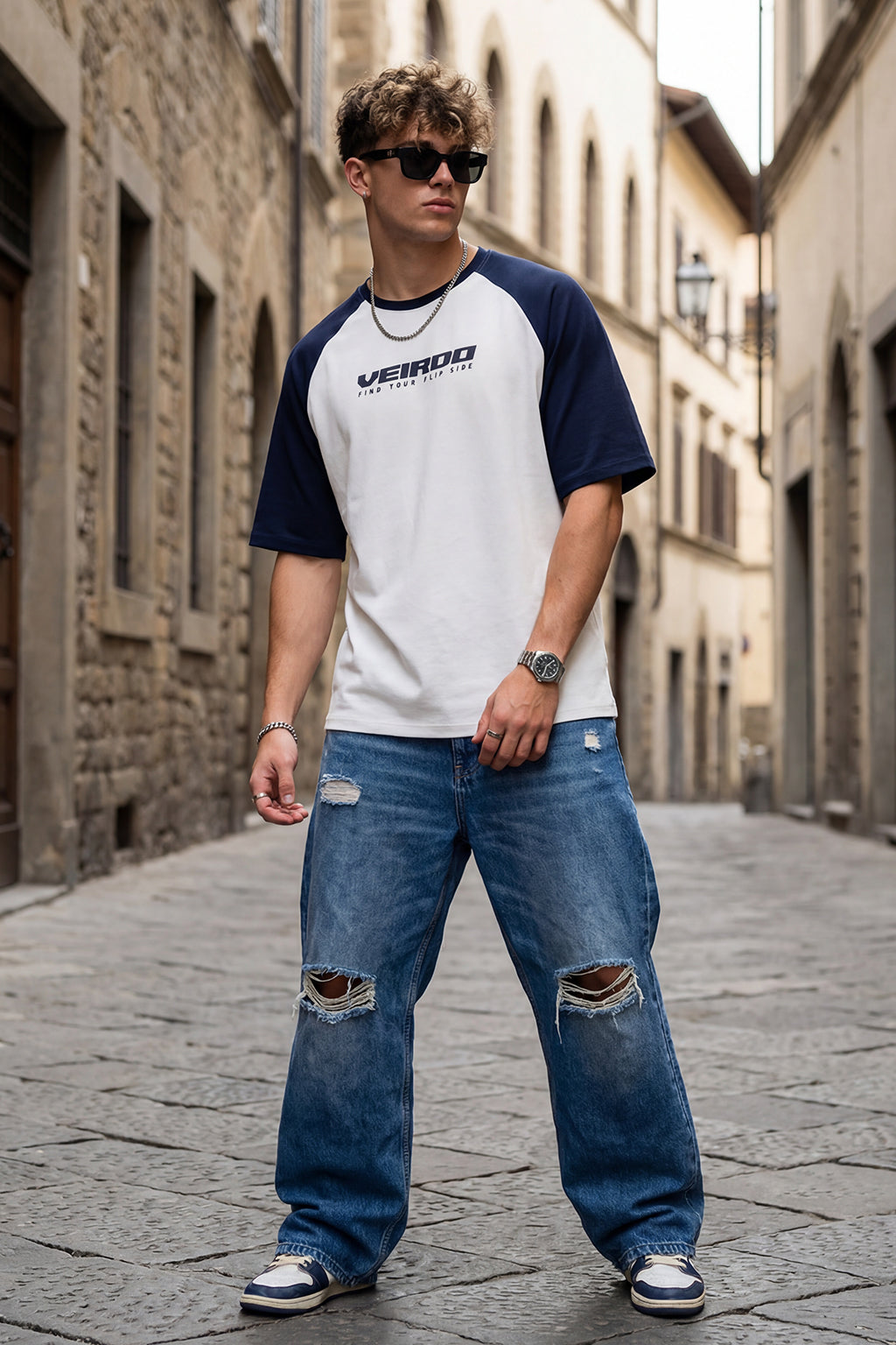 Grey-Navy Raglan Oversized Typography Printed T-shirt