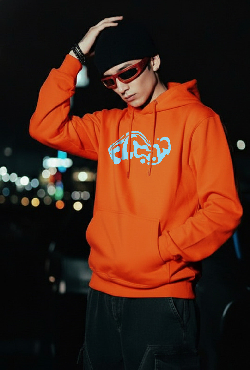 Flow Orange Oversized Printed Hoodie