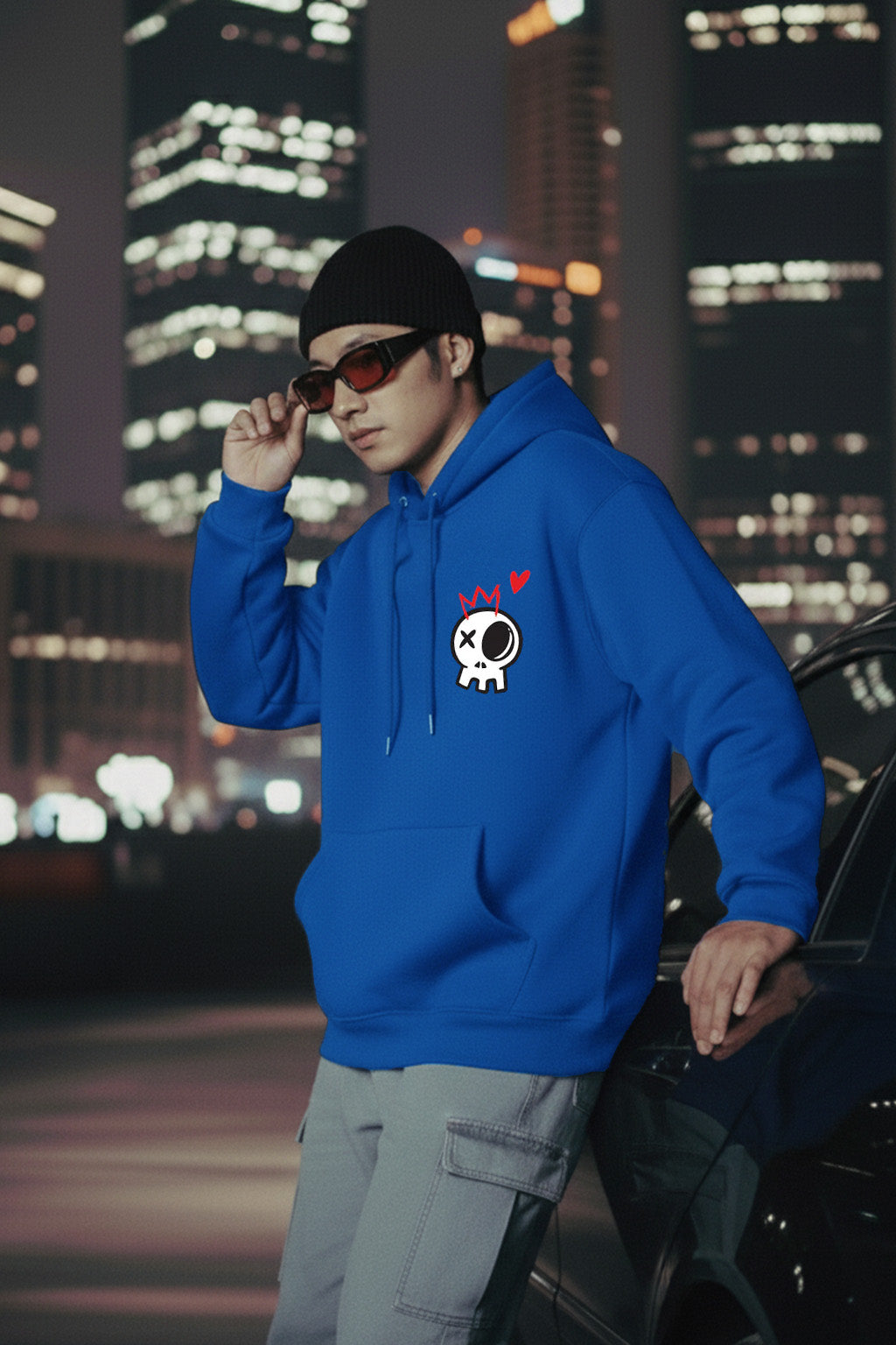 Skull Dark Blue Back Graphic Printed Regular Fit Hoodie