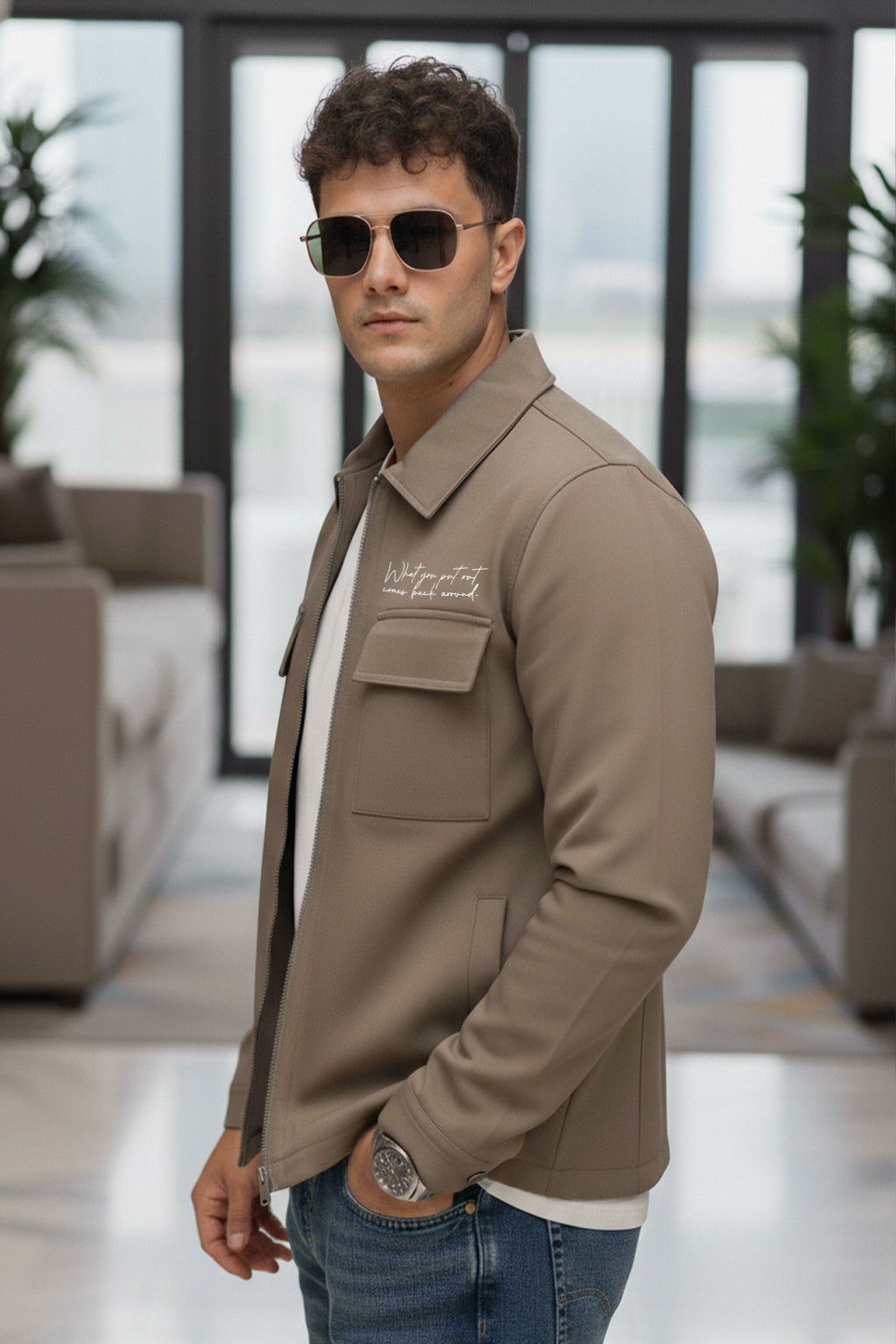 Khaki 4-Pocket Regular Fit Nylon Exclusive Shacket