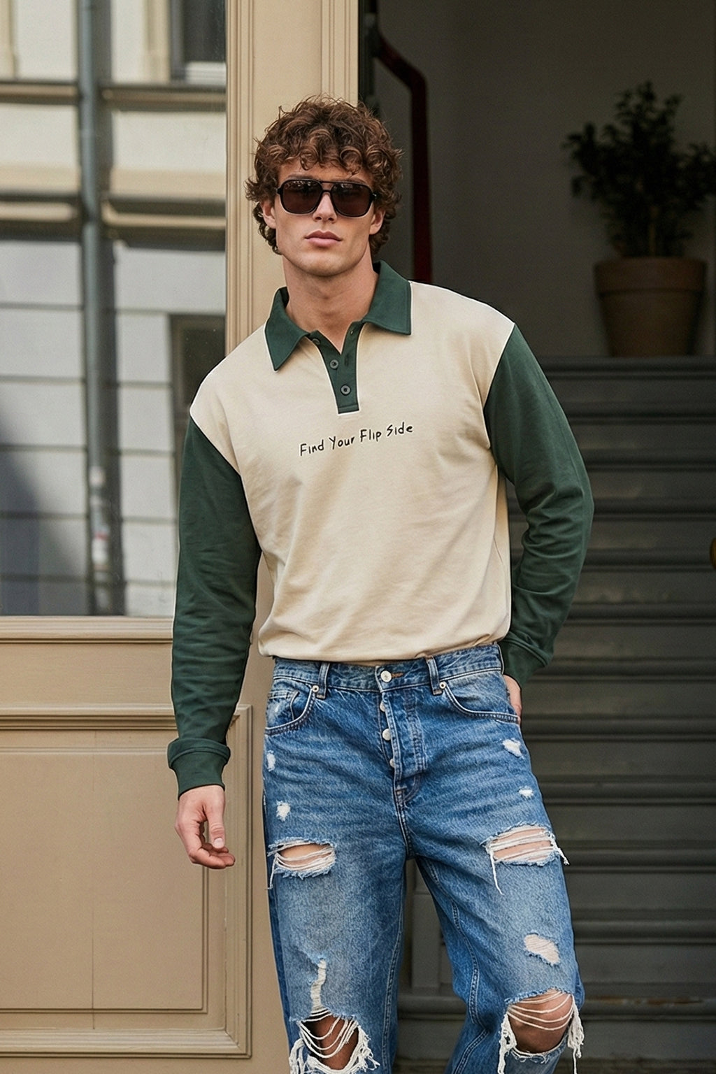 Normal Is Boring Beige & Olive Oversized Full Sleeve Exclusive Polo T-shirt