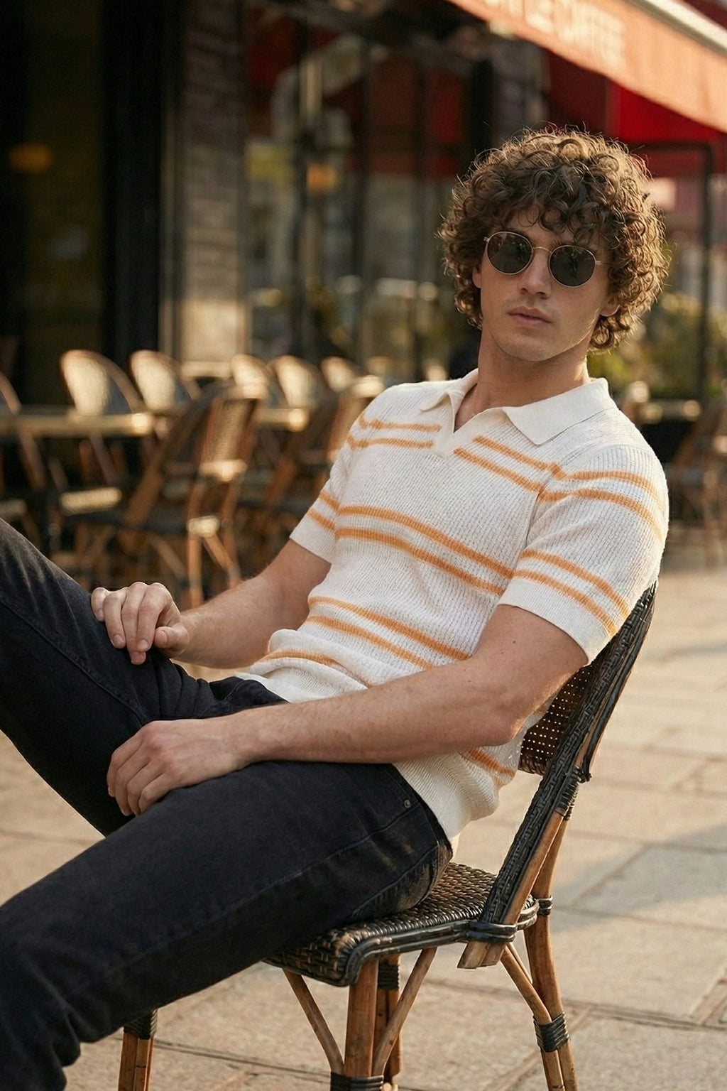 White & Yellow Stripped Flatknit Textured Regular Fit Exclusive Polo T-Shirt