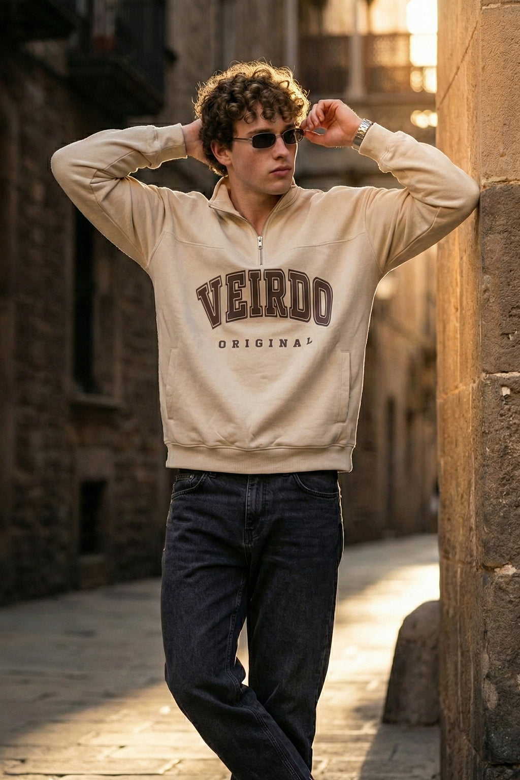 Veirdo Original Beige Oversized Full Sleeve Printed Exclusive Polo T-shirt